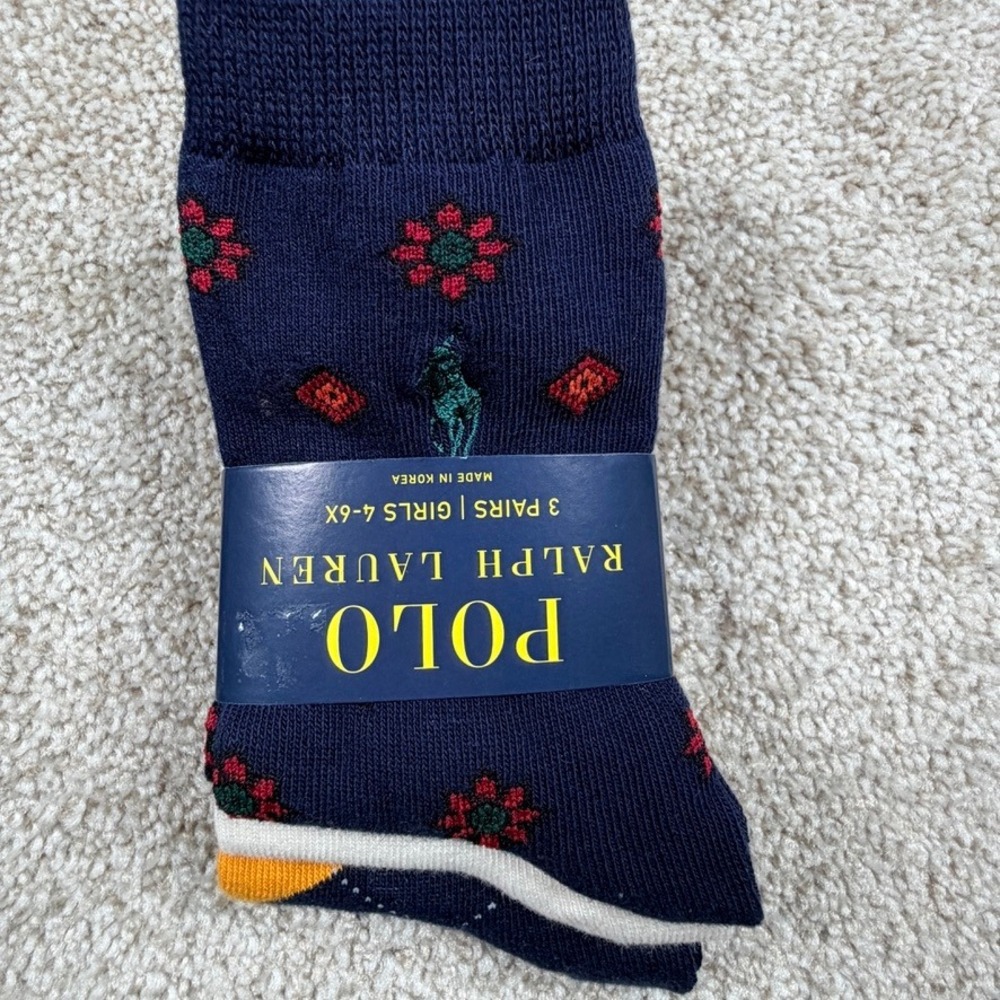 Polo Ralph Lauren Girls 3 Pack Crew Socks Navy Floral Varsity White Size 4-6X